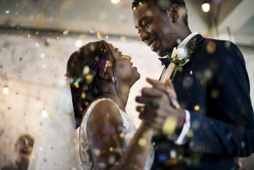 Wedding with Bride and Groom celebrating 